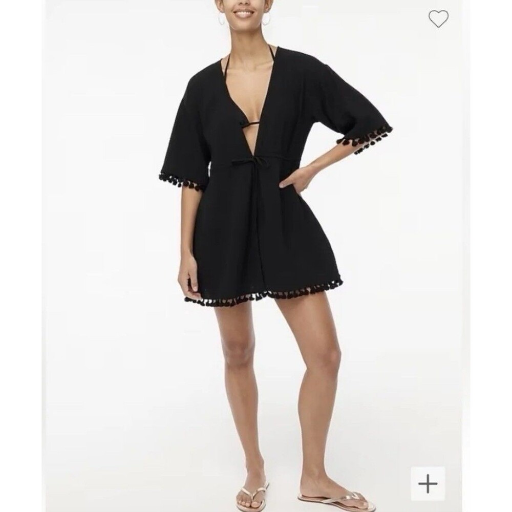 J.Crew Women's Black Tasseled Tie-Front Cover-Up Size Small 100% Cotton Resort